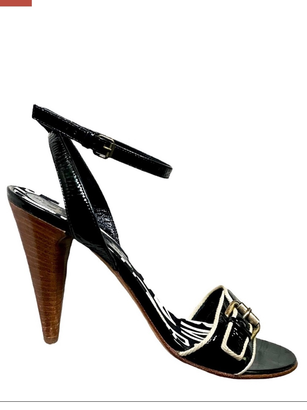 Marc Jacobs Black Patent and Brown Stacked-Heel Ankle-Strap Sandal